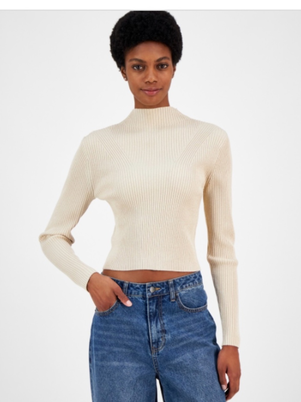 Madden Girl Juniors' Metallic Ribbed Mock-Neck Sweater - Irish Cream SIZE XL NWT